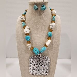 Necklace Giant Cross Dyed Howlite with Rhinestones Matching Earrings